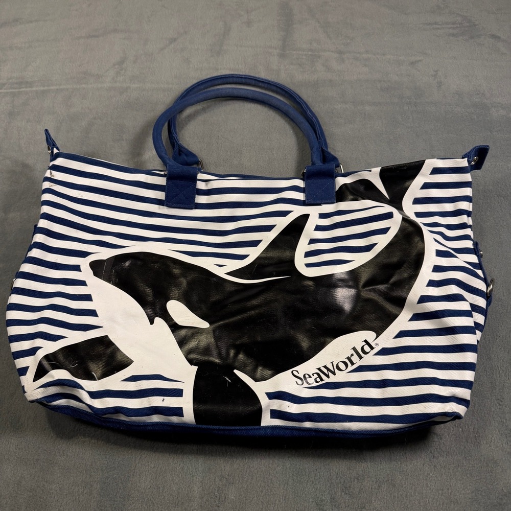 SeaWorld Shamu Orca Whale Striped Canvas Tote Bag Navy Blue White Beach Travel